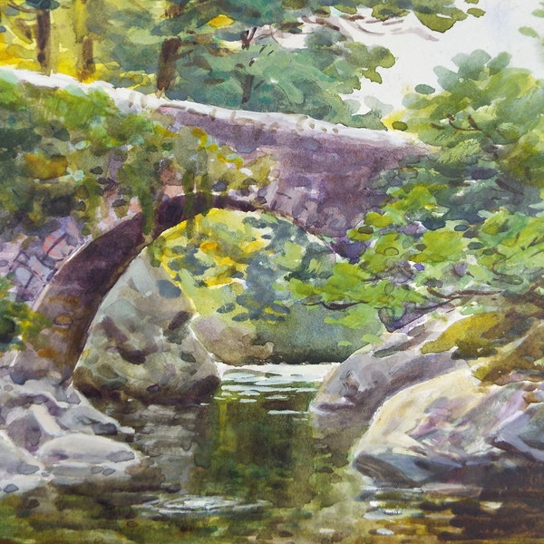 Original Watercolour, 'Stone Bridge Over the River', c1900, Unknown Artist