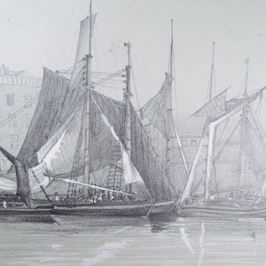 Original Graphite and Chalk,  &#39;Sailing Barges&#39;, c1850, John Helpman