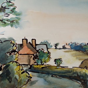 May include: A watercolor painting of a rural landscape with a house in the distance. The house has a red roof and is surrounded by trees. The sky is a light blue with some clouds. The painting is done in a loose, impressionistic style.