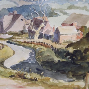 May include: A watercolor painting of a winding road leading to a cluster of houses in a rural setting. The houses are painted in shades of brown and pink, with green trees and a blue sky in the background.
