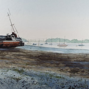 Original  Watercolour, &#39;Moored Boat&#39;, Circa 1990&#39;s, Signed Hall