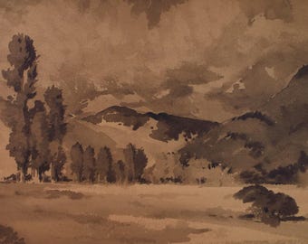 オリジナルのセピア色の水彩画、「風景画」、作者不明、1950 年代頃