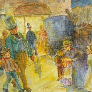 オリジナル水彩画、「人物のいるビクトリア朝の街の風景」1980 年代頃、作者不明
