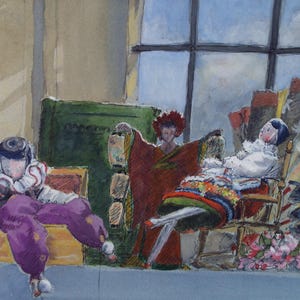 May include: A watercolor painting of three dolls sitting in chairs. The dolls are dressed in colorful clothing and have painted faces. The background is a room with a window and a green book.
