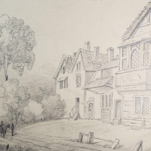 Original Pencil Drawing, &#39;Tavern with figures&#39;, mid 19th century, artist unknown