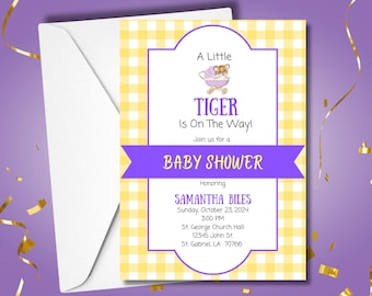 May include: A baby shower invitation with a yellow and white gingham pattern and a purple banner that reads "BABY SHOWER." The invitation features the text "A Little TIGER Is On The Way!" and event details, including the date, time, and location.