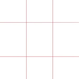 Könnte beinhalten: Ein weißes Gitter mit drei vertikalen und drei horizontalen Linien, die neun gleiche Quadrate bilden. Die Linien sind dunkelrot.