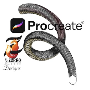 Könnte beinhalten: Digitales Kunstpinsel-Set für Procreate mit einem stilisierten Schlangen-Design. Das Bild enthält den Text "Snake 4 brush kit", das Procreate-Logo und das Logo "El Zorro Tattoo Designs".