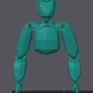 May include: A teal-colored, geometric 3D model of a human torso, arms, and head. The model has a low-poly design with visible facets. The arms are extended, and the hands are open. The background is a solid gray.