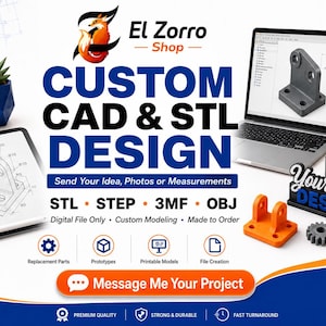 Puede incluir: Un anuncio digital para servicios de diseño CAD y STL personalizados de El Zorro Shop. La imagen muestra un portátil con un modelo 3D, una tableta con un dibujo técnico y varias piezas impresas en 3D, incluyendo un soporte de color naranja.