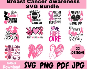 May include: A pink and white digital download bundle of 22 breast cancer awareness SVG designs. The designs feature pink ribbons, hearts, and text such as "Stronger than cancer", "Hope", "Love", "Fight", and "Never Give Up".