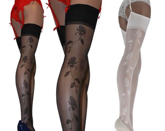 Stockings with Floral Rose Pattern, Sheer 20 Denier, size S-4XL