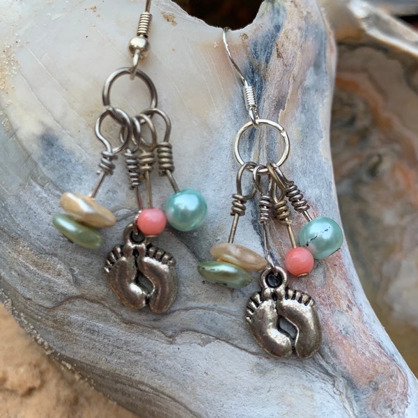 4 Strand Beachy Dangles featuring Silver Barefeet Charms Accented with Green, Aqua, Peach and Beige Pearl Beads.  BB135