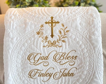 Custom Embroidered Baptism Quilt, Personalized Cross Christening Blanket, Religious Keepsake Baby Gift