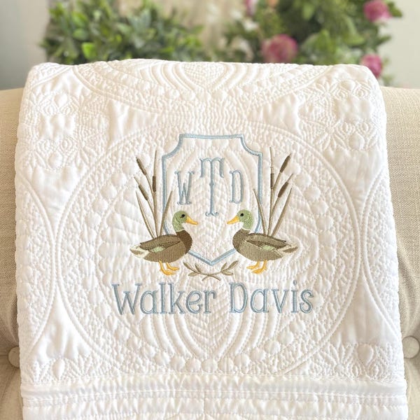 Personalized Mallard Duck Baby Quilt, Embroidered Name Blanket, Hunting Nursery Decor, Woodland Theme Shower