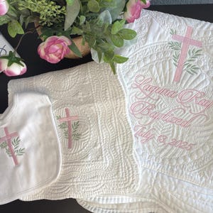 Pink Custom Embroidered Baptism Heirloom Quilt, Personalized Cross Christening Blanket, Keepsake Religious Baby Gift Godparent Grandparent