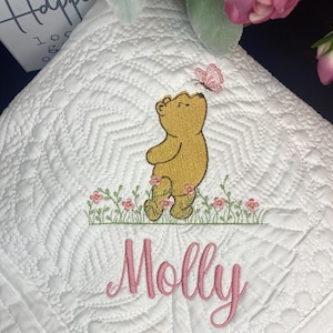 Classic Winnie The Pooh Personalized Embroidered Heirloom Baby Quilt, Nursery Bedding, Flower Butterflies Name Blanket, Shower New Born Gift