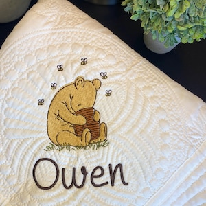 Classic Winnie-The-Pooh Personalized Embroidered Heirloom Baby Quilt, Nursery Bedding, Bear Name Blanket, Honey Pot Bee, Shower Gift Newborn