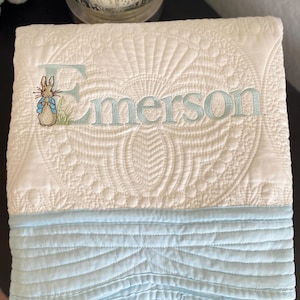 Peter Rabbit Personalized Embroidered Heirloom Baby Quilt, Nursery Bedding, Bunny Name Blanket, Baby Shower, Newborn Gift, Beatrix Potter