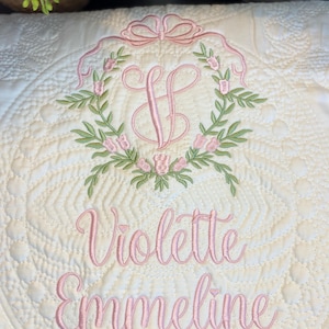 Personalized Baby Girl Quilt, Floral Vine Monogram, Pink Heirloom Nursery Blanket