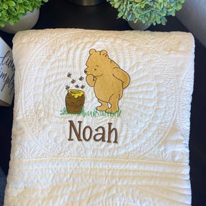 Classic Winnie-The-Pooh Personalized Embroidered Heirloom Baby Quilt, Nursery Bedding, Bear Name Blanket, Honey Pot Bee, Shower Gift Newborn