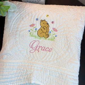 Classic Winnie The Pooh Personalized Embroidered Heirloom Baby Quilt, Nursery Bedding, Flower Butterflies Name Blanket, Shower New Born Gift