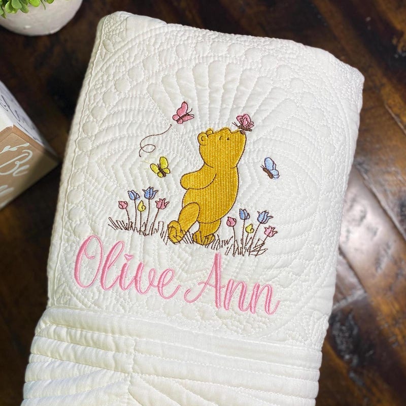 Classic Winnie-The-Pooh Personalized Embroidered Heirloom Baby Quilt, Nursery Bedding, Bear Name Blanket, Shower Gift, Newborn Baby Gift