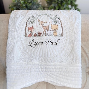 Custom Embroidered Woodland Animal Heirloom Quilt, Personalized Name Throw Blanket, Unique Baby Shower Gift, Cotton Nursery Bedding