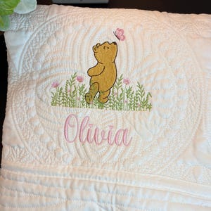 Classic Winnie The Pooh Personalized Embroidered Heirloom Baby Quilt, Nursery Bedding, Flower Butterflies Name Blanket, Shower New Born Gift
