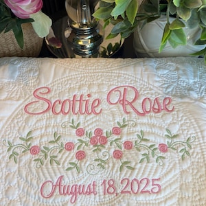 Custom Embroidered Personalized Heirloom Quilt, Delicate Floral Rose Name Blanket, Cotton Nursery Bedding with Flowers