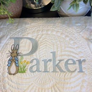 Peter Rabbit Personalized Embroidered Heirloom Baby Quilt, Nursery Bedding, Bunny Name Blanket, Baby Shower, Newborn Gift, Beatrix Potter