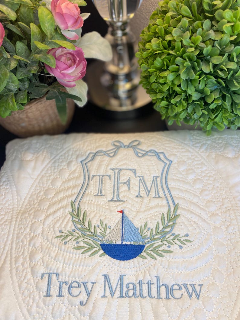 Tfm Monogram Crest Monogram Heirloom Baby Quilt, Embroidered & Personalized Blanket ...