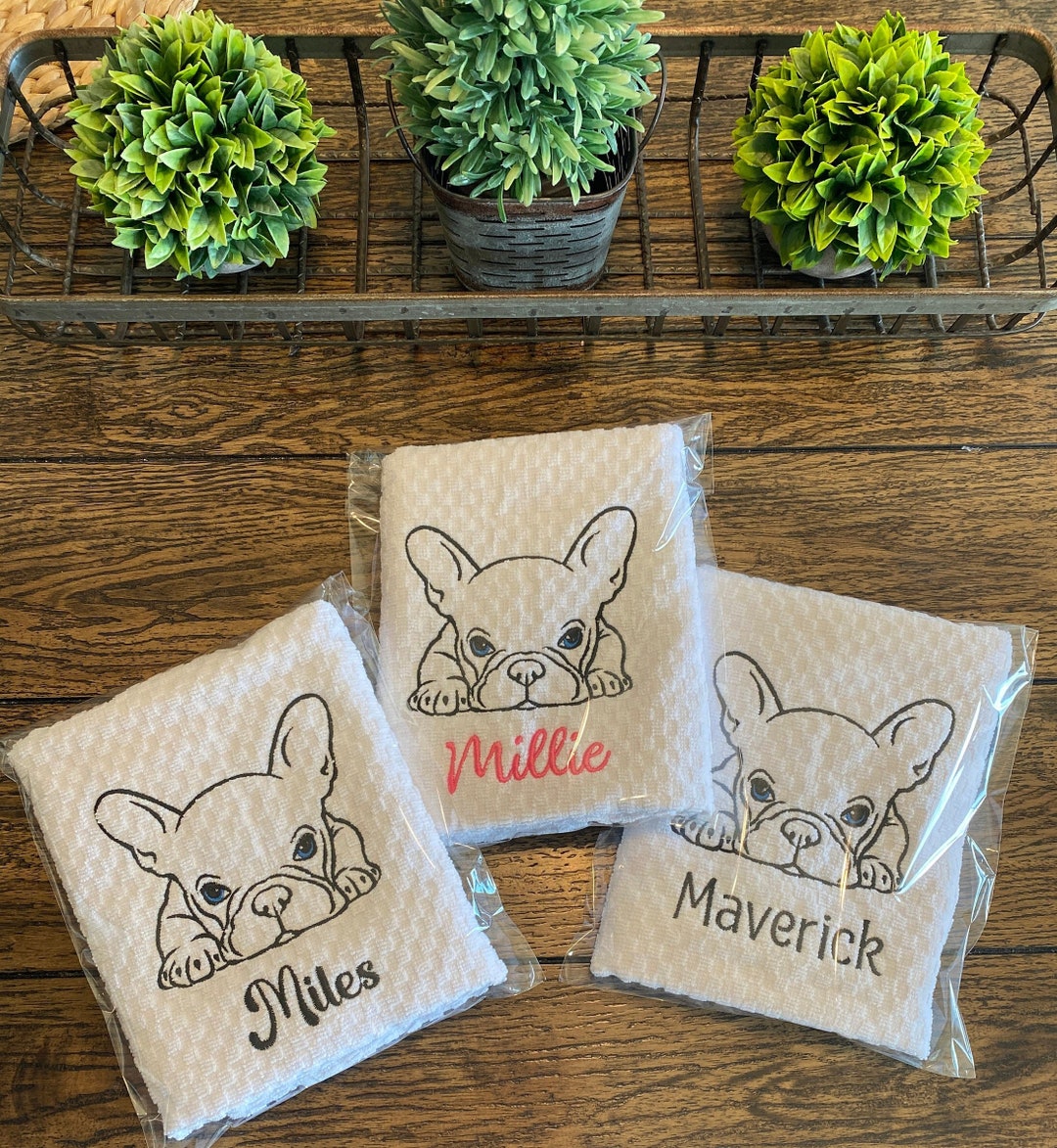 Embroidered French Bulldog Tea Towel Dog Dish Towel Frenchie Etsy