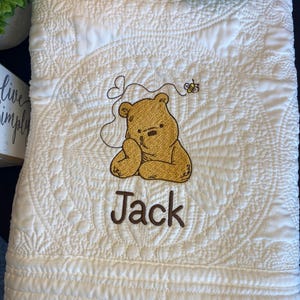 Classic Winnie-The-Pooh Personalized Embroidered Heirloom Baby Quilt, Nursery Bedding, Bear Name Blanket, Honey Bee Shower Gift Newborn Baby