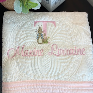 Peter Rabbit Personalized Embroidered Heirloom Baby Quilt, Nursery Bedding, Bunny Name Blanket, Baby Shower, Newborn Gift, Beatrix Potter