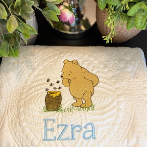 Classic Winnie The Pooh Bear Name Blanket, Personalized Embroidered Heirloom Baby Quilt, Nursery Bedding, Honey Pot & Bee, Pooh Theme