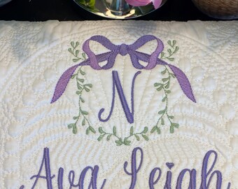Custom Embroidered Monogram Vine & Bow Heirloom Quilt, Personalized Name Blanket, Baby Shower Idea, Nursery Bedding
