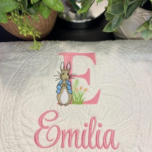 Peter Rabbit Personalized Embroidered Heirloom Baby Quilt, Crib Bedding, Bunny Name Blanket, Baby Shower, Beatrix Potter Nursery