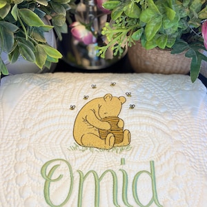 Classic Winnie The Pooh Bear Blanket, Personalized with Name, Embroidered Heirloom Baby Quilt, Nursery Bedding, Honey Pot & Bees