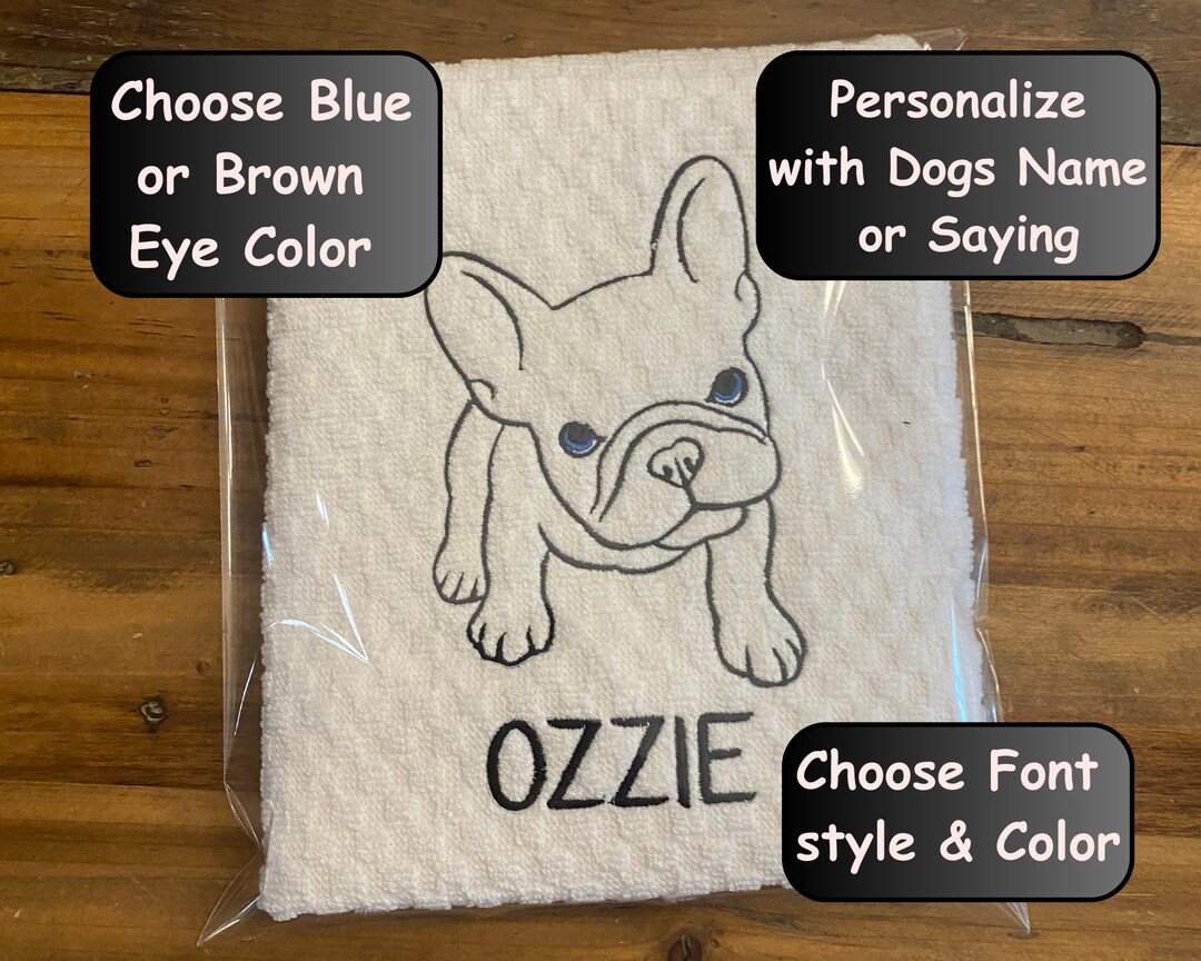 Embroidered French Bulldog Tea Towel, Dog Dish Towel, Frenchie Dog Mom
