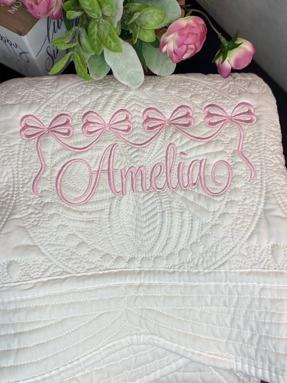 Personalized Pink Bow Blanket, Custom Embroidered Heirloom Quilt, Baby Shower Gift, Girl Nursery Bedding