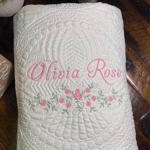 Custom Embroidered Personalized Heirloom Quilt, Delicate Flower Name Blanket, Baby Shower Idea Girl, Newborn New Baby Gift, Nursery Bedding