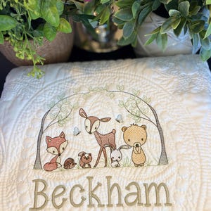 Custom Embroidered Woodland Animal Heirloom Quilt, Personalized Name Throw Blanket, Unique Baby Shower Gift, Cotton Nursery Bedding