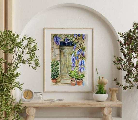 Old Door With Wisteria Print, Rustic Door Watercolor, Wall Art