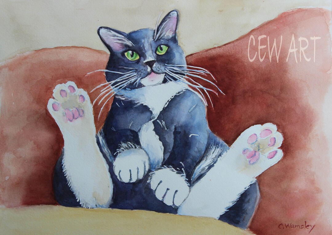 Tuxedo Cat Watercolor Print: Black and White Cat Art - Etsy