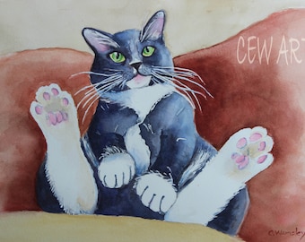 Tuxedo Cat Watercolor Print: Black and White Cat Art