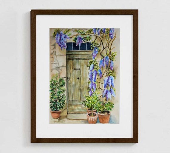 Old Door With Wisteria Print, Rustic Door Watercolor, Wall Art