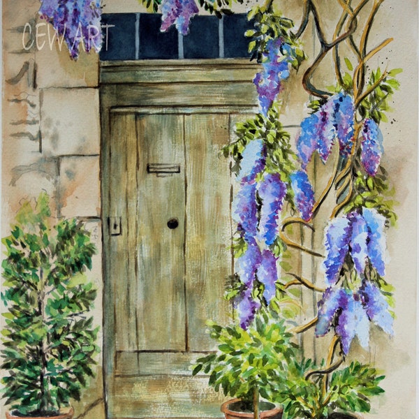 Old Door with Wisteria print, Rustic door watercolor, Wall art. Wooden door and wisteria, Wisteria vine print, Home decor