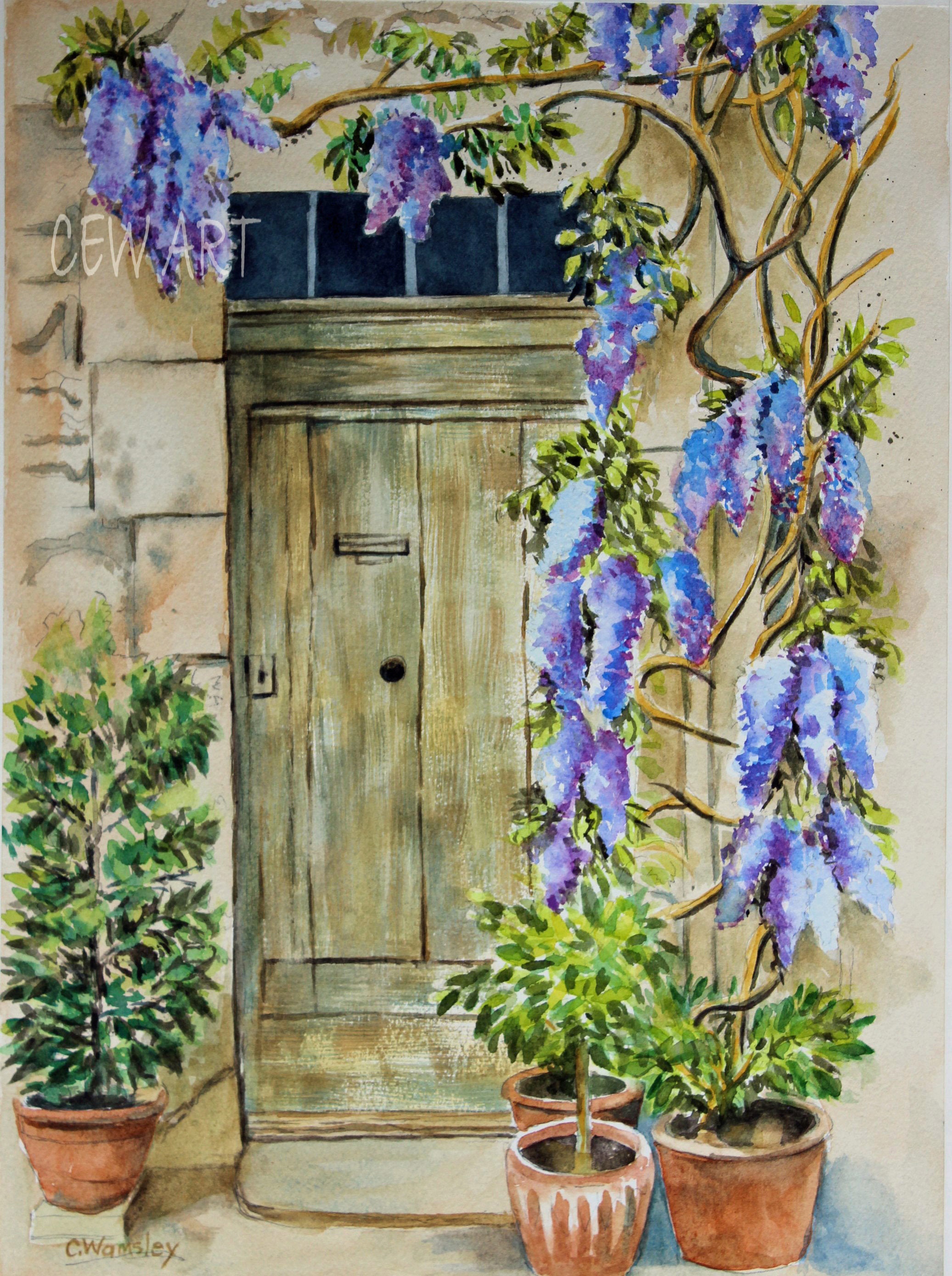 Old Door With Wisteria Print, Rustic Door Watercolor, Wall Art
