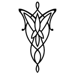 May include: A black and white illustration of the Evenstar pendant. The design is symmetrical, with a central floral motif and flowing, curved lines. The overall aesthetic is elegant and symbolic.